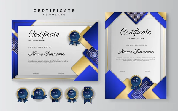 Moderno Elegante Modello Certificato Blu Oro Realizzazione Con Distintivo Oro — Vettoriale Stock