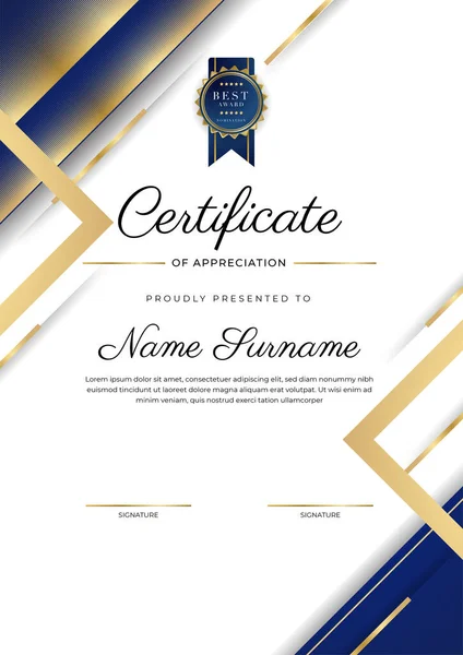 Modern Elegant Blauw Goud Certificaat Van Prestatie Sjabloon Met Gouden — Stockvector