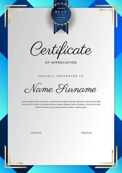 Plantilla Moderna Elegante Azul Oro Certificado Logro Con Insignia Oro — Vector de stock