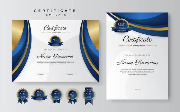 Altın Rozetli Sınırlı Modern Mavi Altın Sertifikalı Başarı Şablonu Diploma — Stok Vektör