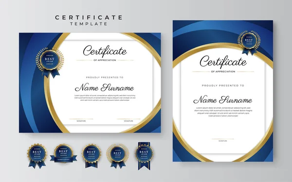 Moderno Elegante Modello Certificato Blu Oro Realizzazione Con Distintivo Oro — Vettoriale Stock
