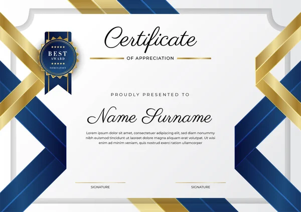 Современный Элегантный Синий Золотой Сертификат Достижения Шаблон Золотым Значком Границы — стоковый вектор