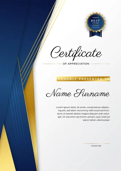 Modern Elegant Blauw Goud Certificaat Van Prestatie Sjabloon Met Gouden — Stockvector