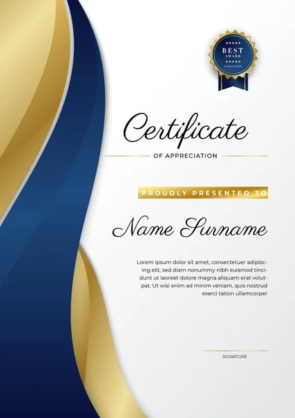 Modern Elegant Blue Gold Certificate Achievement Template Gold Badge Border — Stock Vector