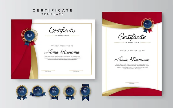 Certificado Ouro Vermelho Elegante Moderno Modelo Realização Com Crachá Ouro —  Vetores de Stock