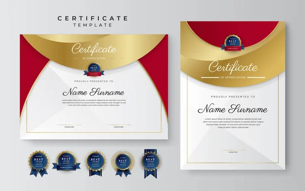 Modern Elegant Red Gold Certificate Achievement Template Gold Badge Border — ストックベクタ