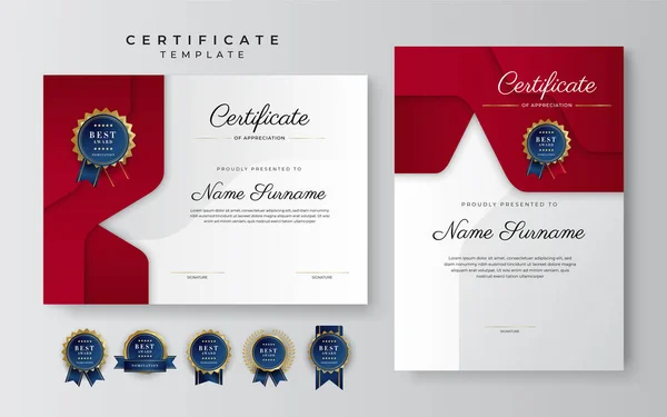 Moderní Elegantní Červeno Zlatý Certifikát Úspěchu Šablony Zlatým Odznakem Okrajem — Stockový vektor