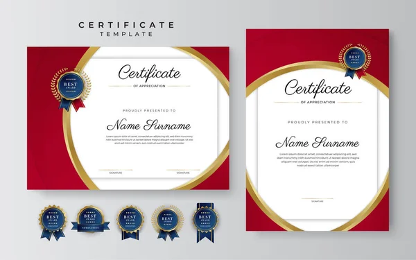 Modern Elegant Red Gold Certificate Achievement Template Gold Badge Border — Stock Vector