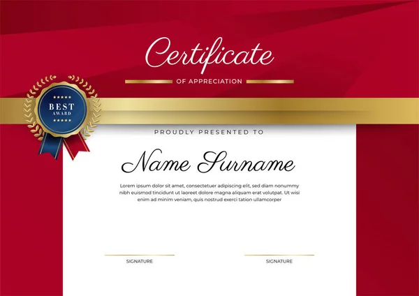 Certificado Ouro Vermelho Elegante Moderno Modelo Realização Com Crachá Ouro —  Vetores de Stock