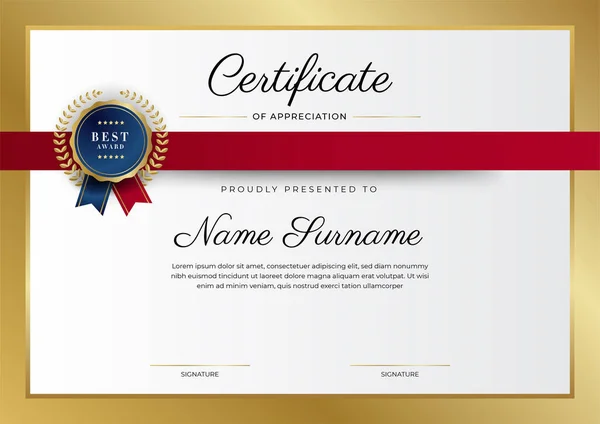 Modern Elegant Red Gold Certificate Achievement Template Gold Badge Border — Stock Vector