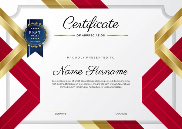 Современный Элегантный Красный Золотой Сертификат Достижения Шаблон Золотым Значком Границы — стоковый вектор