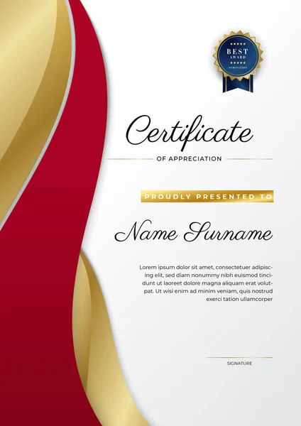 Nowoczesny Elegancki Czerwony Złoty Certyfikat Osiągnięcia Szablon Złotą Odznaką Granicą — Wektor stockowy