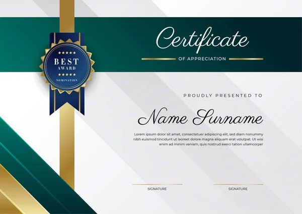 Moderno Elegante Certificado Oro Verde Oscuro Plantilla Logro Con Insignia — Vector de stock