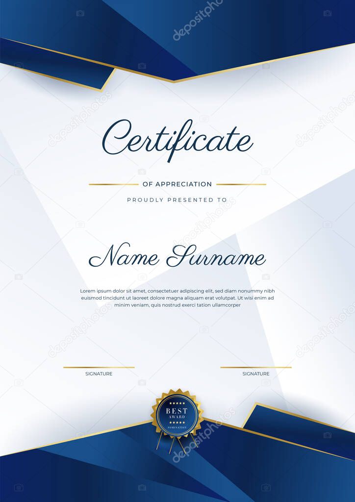 Modern elegant blue and gold certificate of achievement template with gold badge and border. Designed for diploma, award, business, university, school, and corporate.