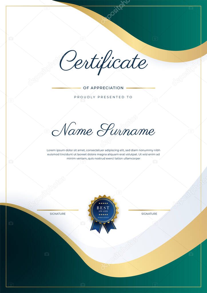 Modern elegant dark green and gold certificate of achievement template with gold badge and border. Designed for diploma, award, business, university, school, background and corporate.