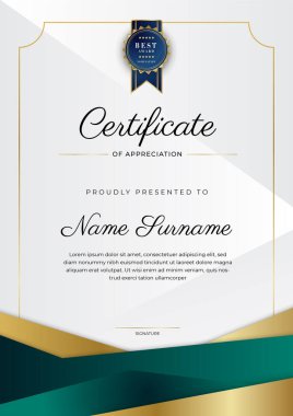 Altın rozetli ve sınırlı modern koyu yeşil ve altın sertifikalı başarı şablonu. Diploma, ödül, iş, üniversite, okul, geçmiş ve şirket için tasarlandı.