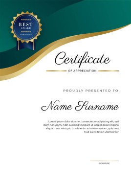 Altın rozetli ve sınırlı modern koyu yeşil ve altın sertifikalı başarı şablonu. Diploma, ödül, iş, üniversite, okul, geçmiş ve şirket için tasarlandı.