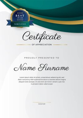 Altın rozetli ve sınırlı modern koyu yeşil ve altın sertifikalı başarı şablonu. Diploma, ödül, iş, üniversite, okul, geçmiş ve şirket için tasarlandı.