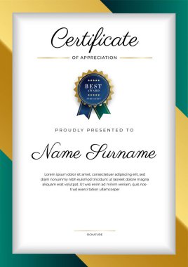 Altın rozetli ve sınırlı modern koyu yeşil ve altın sertifikalı başarı şablonu. Diploma, ödül, iş, üniversite, okul, geçmiş ve şirket için tasarlandı.