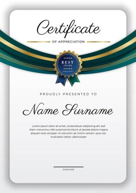 Altın rozetli ve sınırlı modern koyu yeşil ve altın sertifikalı başarı şablonu. Diploma, ödül, iş, üniversite, okul, geçmiş ve şirket için tasarlandı.