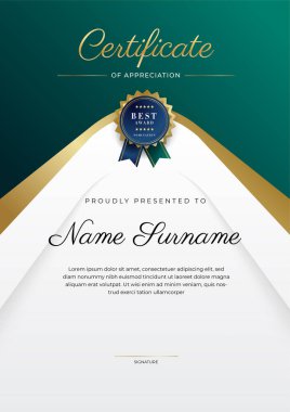 Altın rozetli ve sınırlı modern koyu yeşil ve altın sertifikalı başarı şablonu. Diploma, ödül, iş, üniversite, okul, geçmiş ve şirket için tasarlandı.