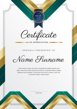 Altın rozetli ve sınırlı modern koyu yeşil ve altın sertifikalı başarı şablonu. Diploma, ödül, iş, üniversite, okul, geçmiş ve şirket için tasarlandı.