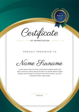 Altın rozetli ve sınırlı modern koyu yeşil ve altın sertifikalı başarı şablonu. Diploma, ödül, iş, üniversite, okul, geçmiş ve şirket için tasarlandı.