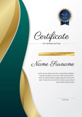 Altın rozetli ve sınırlı modern koyu yeşil ve altın sertifikalı başarı şablonu. Diploma, ödül, iş, üniversite, okul, geçmiş ve şirket için tasarlandı.