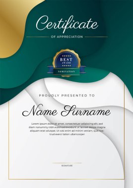 Altın rozetli ve sınırlı modern koyu yeşil ve altın sertifikalı başarı şablonu. Diploma, ödül, iş, üniversite, okul, geçmiş ve şirket için tasarlandı.