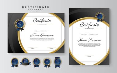 Lüks rozetli ve modern çizgili sınır şablonunun siyah ve altın sertifikası. Ödül, iş ve eğitim ihtiyaçları için