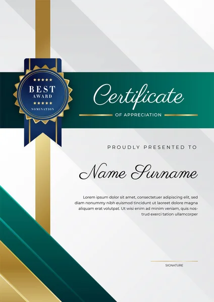 Modern Elegant Dark Green Gold Certificate Achievement Template Gold Badge — ストックベクタ