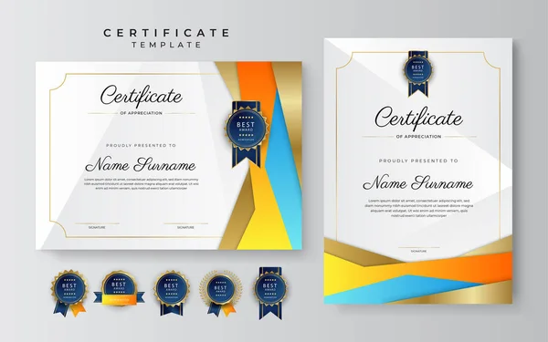 Plantilla Borde Logro Certificado Azul Amarillo Anaranjado Con Insignia Lujo — Archivo Imágenes Vectoriales