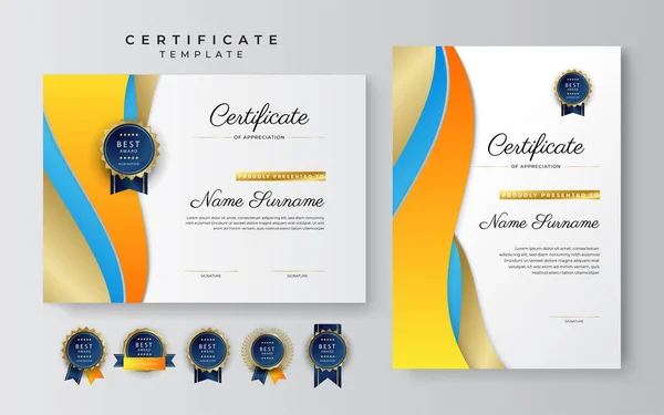 Сине Оранжевый Желтый Сертификат Достижении Рубежа Соблазняет Роскошным Значком Современным — стоковый вектор