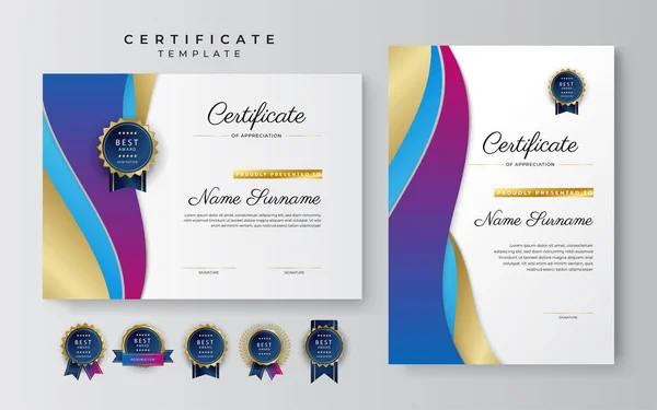 Niebieski Różowy Fioletowy Certyfikat Technologii Osiągnięcia Szablon Granicy Luksusową Odznaką — Wektor stockowy