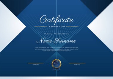 Takdir belgesi, altın ve mavi renk. Altın rozetli temiz modern sertifika. Lüks ve modern sınır şablonu sertifikası. Diploma vektör şablonu