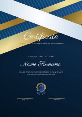 Takdir belgesi, altın ve mavi renk. Altın rozetli temiz modern sertifika. Lüks ve modern sınır şablonu sertifikası. Diploma vektör şablonu