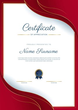 Takdir belgesi şablonu, altın ve kırmızı renk. Altın rozetli temiz modern sertifika. Lüks ve modern sınır şablonu sertifikası. Diploma vektör şablonu