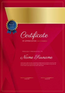 Takdir belgesi şablonu, altın ve kırmızı renk. Altın rozetli temiz modern sertifika. Lüks ve modern sınır şablonu sertifikası. Diploma vektör şablonu