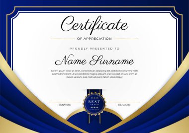Takdir belgesi, altın ve mavi renk. Altın rozetli temiz modern sertifika. Lüks ve modern sınır şablonu sertifikası. Diploma vektör şablonu