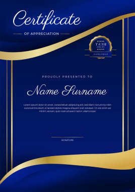 Takdir belgesi, altın ve mavi renk. Altın rozetli temiz modern sertifika. Lüks ve modern sınır şablonu sertifikası. Diploma vektör şablonu