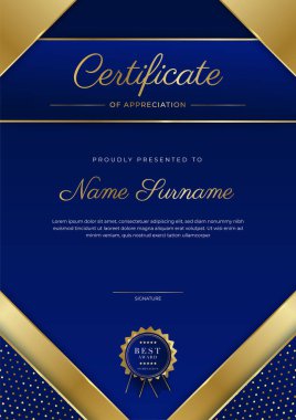 Takdir belgesi, altın ve mavi renk. Altın rozetli temiz modern sertifika. Lüks ve modern sınır şablonu sertifikası. Diploma vektör şablonu