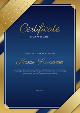 Takdir belgesi, altın ve mavi renk. Altın rozetli temiz modern sertifika. Lüks ve modern sınır şablonu sertifikası. Diploma vektör şablonu