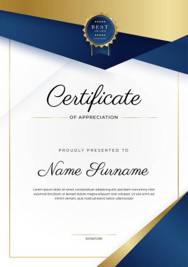 Takdir belgesi, altın ve mavi renk. Altın rozetli temiz modern sertifika. Lüks ve modern sınır şablonu sertifikası. Diploma vektör şablonu