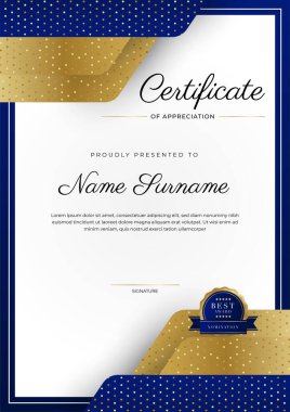 Takdir belgesi, altın ve mavi renk. Altın rozetli temiz modern sertifika. Lüks ve modern sınır şablonu sertifikası. Diploma vektör şablonu