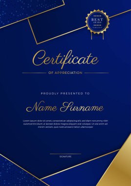 Takdir belgesi, altın ve mavi renk. Altın rozetli temiz modern sertifika. Lüks ve modern sınır şablonu sertifikası. Diploma vektör şablonu