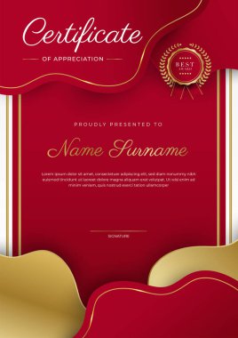 Takdir belgesi şablonu, altın ve kırmızı renk. Altın rozetli temiz modern sertifika. Lüks ve modern sınır şablonu sertifikası. Diploma vektör şablonu