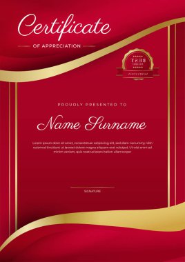 Takdir belgesi şablonu, altın ve kırmızı renk. Altın rozetli temiz modern sertifika. Lüks ve modern sınır şablonu sertifikası. Diploma vektör şablonu