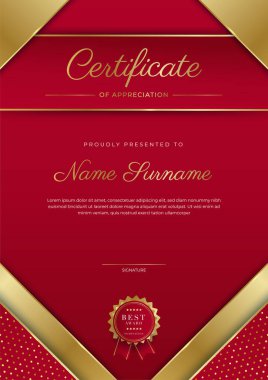 Takdir belgesi şablonu, altın ve kırmızı renk. Altın rozetli temiz modern sertifika. Lüks ve modern sınır şablonu sertifikası. Diploma vektör şablonu