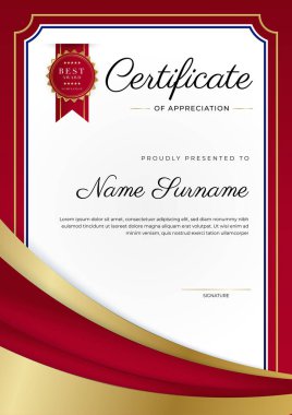 Takdir belgesi şablonu, altın ve kırmızı renk. Altın rozetli temiz modern sertifika. Lüks ve modern sınır şablonu sertifikası. Diploma vektör şablonu