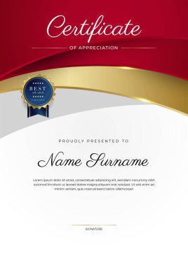 Takdir belgesi şablonu, altın ve kırmızı renk. Altın rozetli temiz modern sertifika. Lüks ve modern sınır şablonu sertifikası. Diploma vektör şablonu
